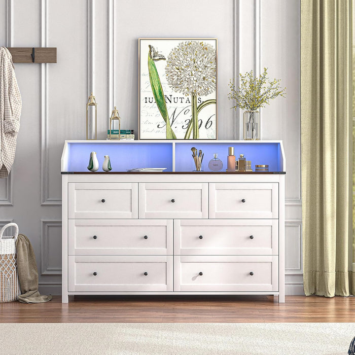 LED Dresser with Charging Station, 7 Drawer Dresser for Bedroom, Chest of Drawers with RGB Lights, Wood Dresser with Deep Drawers for Bedroom, Hallway, White Dresser