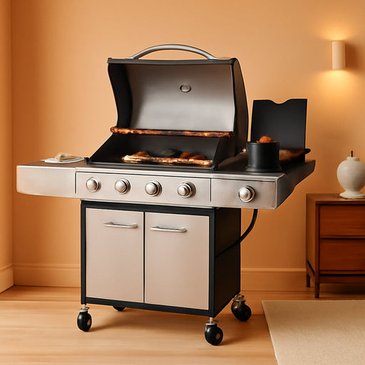 4-Burner Propane Gas BBQ Grill with Side Burner and Porcelain-Enameled Cast Iron Grates, Stainless Steel Barbecue Grills Outdoor Cooking, Silver Cabinet Style, 42,000BTU