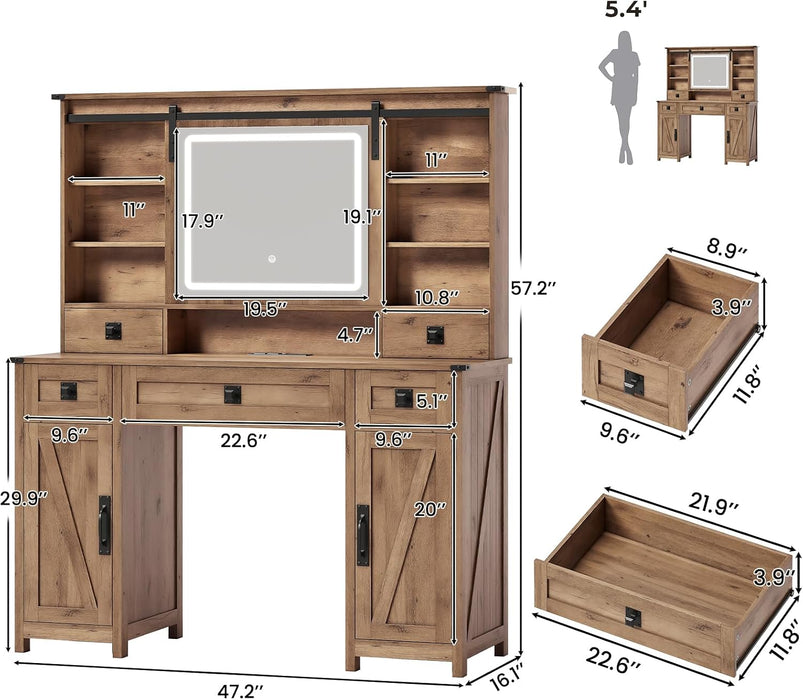 Rustic Oak FortySevenPointTwoInch Makeup Vanity Desk IntegratedLighting