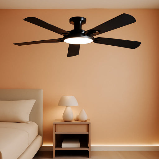 52" Low Profile Ceiling Fan with Light, Slim, Black, Flush Mount, DC Reversible Motor, 6 Speeds, Remote Control, Noiseless, Dimmable, LED Light, 3CCT, Modern Matte Black Ceiling Fan for Bedroom