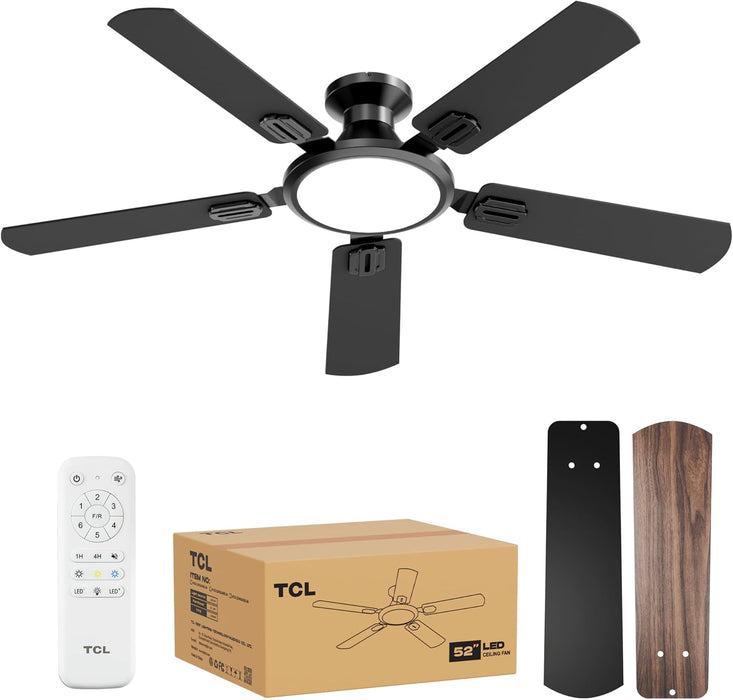 52" Low Profile Ceiling Fan with Light, Slim, Black, Flush Mount, DC Reversible Motor, 6 Speeds, Remote Control, Noiseless, Dimmable, LED Light, 3CCT, Modern Matte Black Ceiling Fan for Bedroom