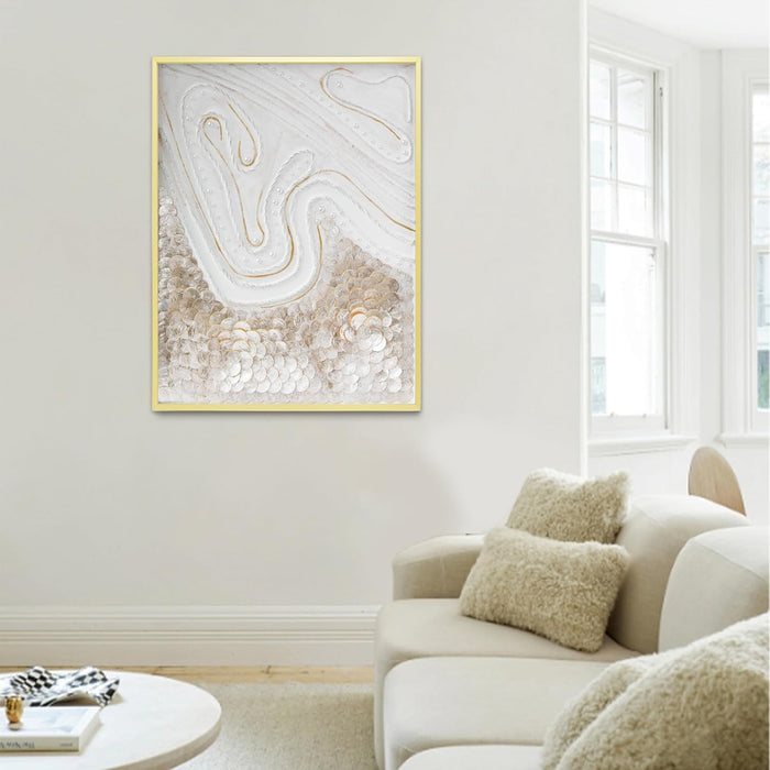 Modern Abstract Hand Painting with Natural Capiz Shell Wall Framed Ocean Artwork,Shell Shadow Box Wall Art，Art Painting - Handmade Collage of Natural Golden Shell, Bedroom Decor Framed Abstractartwork for , 23.6×31.5 Inch