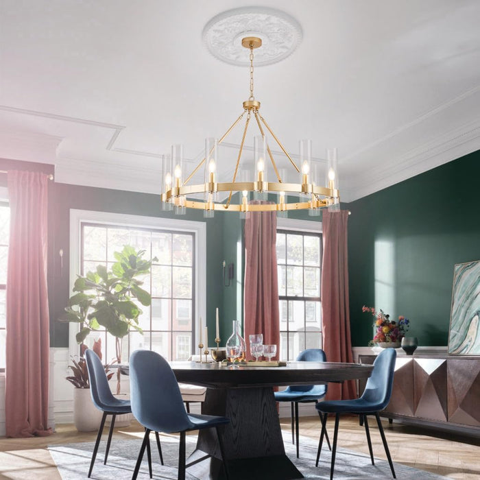 Wagon Wheel Chandelier, 12-Light Golden Farmhouse round Chandelier, Industrial Lighting Fixtures, Glass Pendant Light Suitable for Porch, Dining Room, Living Room, and Bedroom.