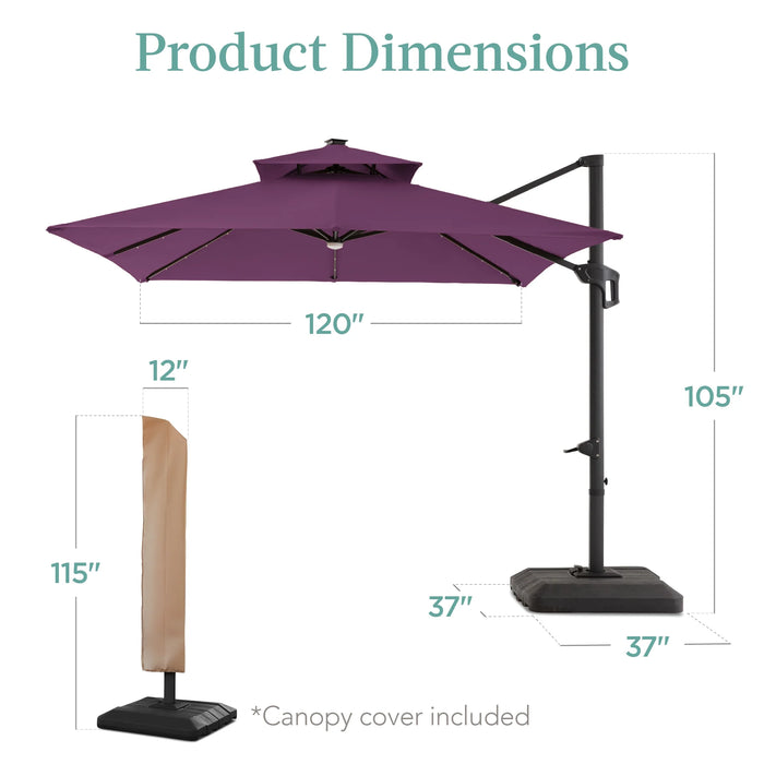 10X10Ft 2-Tier Square Outdoor Solar LED Cantilever Patio Umbrella W/Base Included - Amethyst Purple