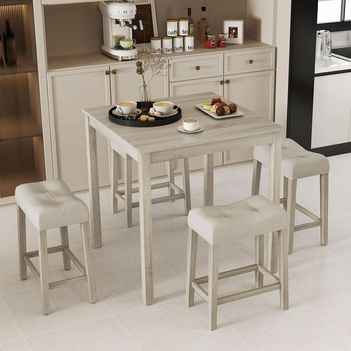5-Piece Bar Table Set, Square Breakfast Set for 4 W/Padded Stools, Small Kitchen Table Set W/Rubber Wood Legs, Space-Saving Dining Table Set for Living Room, Kitchen, Small Space