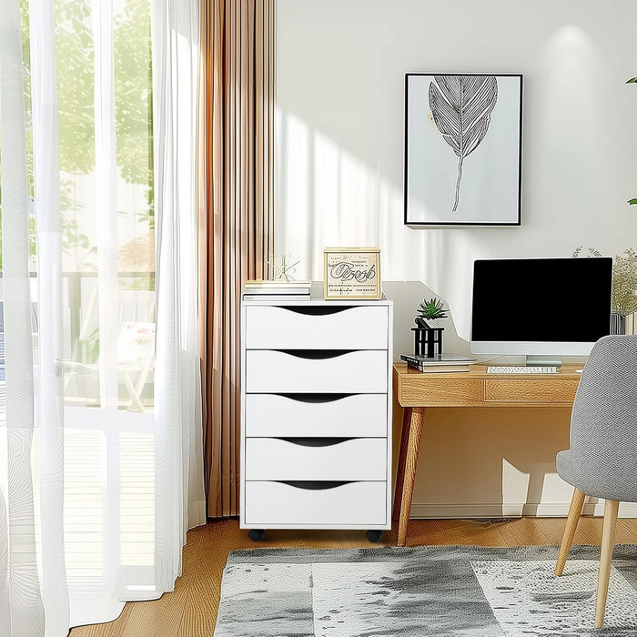 5 Drawer Chest Wood File Cabinet Rolling Storage Dresser with Wheels for Home Office, White
