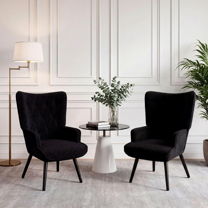 Black Plush Upholstered Wingback Armchair Mid Century
