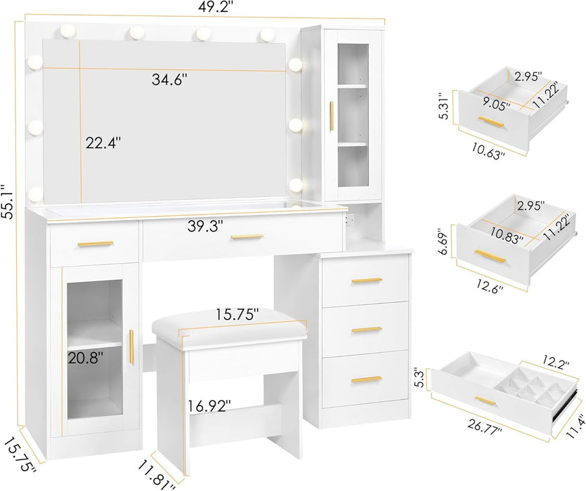 49.2" Large Vanity Desk with Mirror and Lights,White Makeup Vanity Table with Glass Top,Stool,Makeup Desk with Power Outlet,5 Drawers,Nightstand,Dressing Table for Bedroom Women FST34W