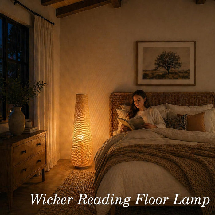 -Farmhouse Style Bamboo Floor Lamp,Large Wicker Indoor Floor Light,Boho Standing Light Plug In,Modern Minimalist Standing Lamp for Living Room Bedroom