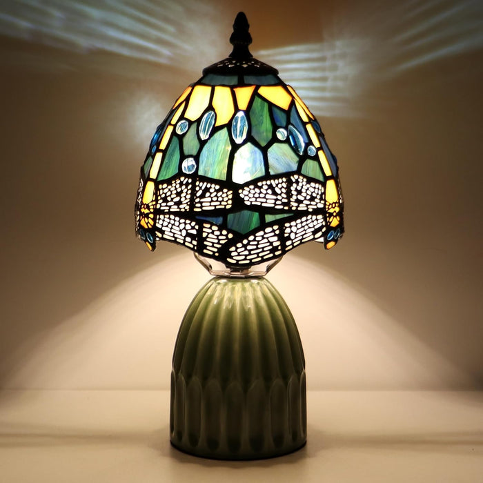 Stained Glass Mushroom Table Lamp 12.5 Inch -Yellow Dragonfly Style