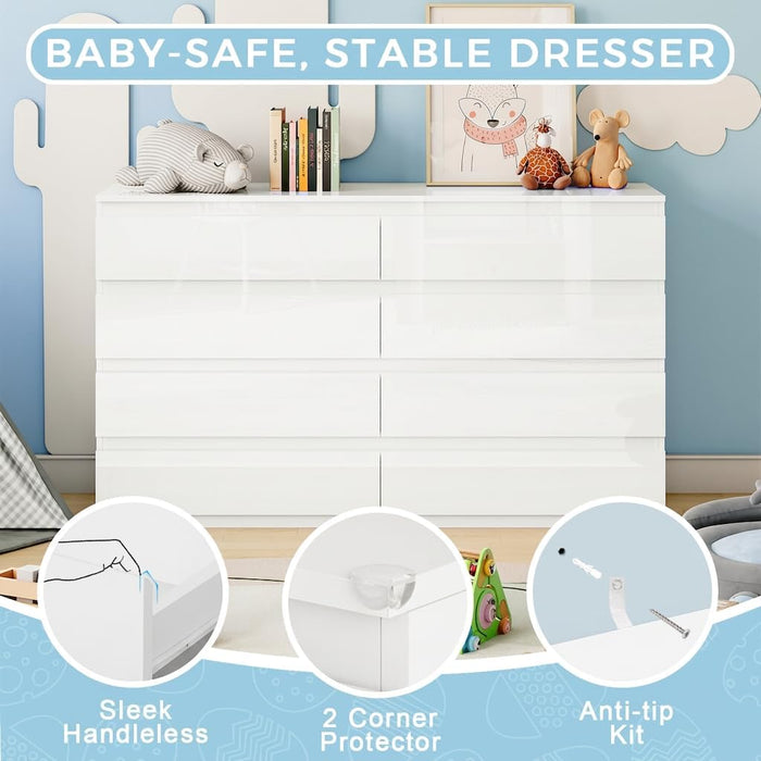 White Wood Dresser for Bedroom with 8 Drawer 55" Wide