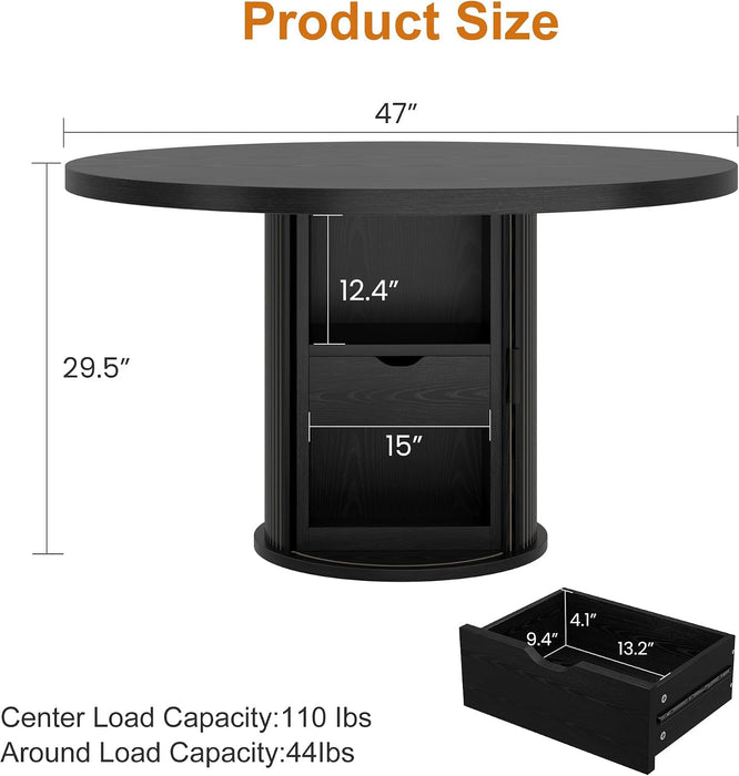 47" round Dining Table for 4-6, Farmhouse Kitchen Table, Black | Dining Table with 2-Layer Storage Shelf and Drawer, Circle Dinner Table for Dining Room, Kitchen, Living Room (Table Only)