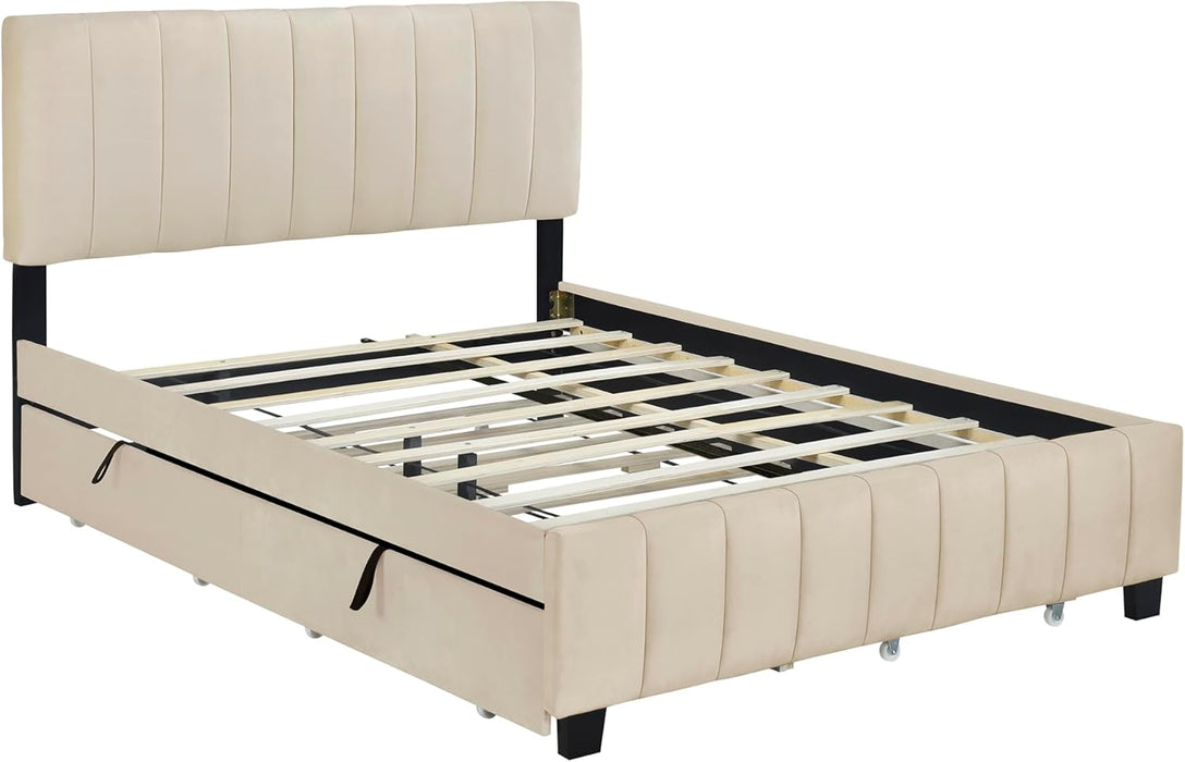 Queen Bed Frame with Trundle Bed,Velvet Upholstered Platform Bed Frame with Storage Drawers,Queen Size Trundle Bed with Headboard for Kids Teens Adults,Beige