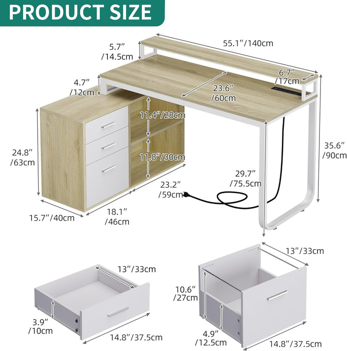 White L-Shaped Desk with Drawers & LED Lights