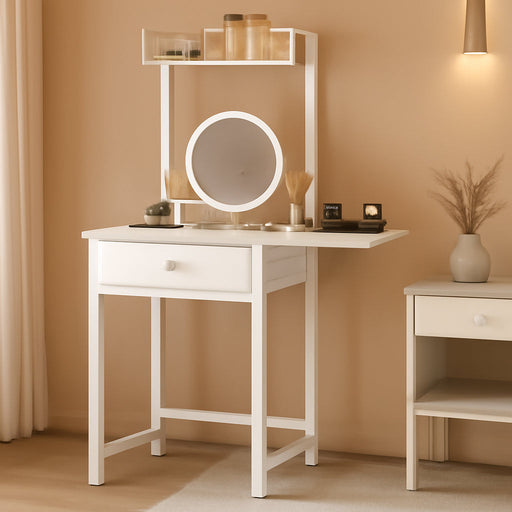 Small Vanity Desk without Mirror, Makeup Vanity Table for Small Space, Compact White Dressing Table with Fold-Up Panel and Fabric Drawer, for Bedroom, Easy Assembly, White