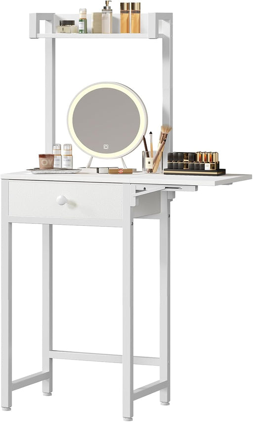 Small Vanity Desk without Mirror, Makeup Vanity Table for Small Space, Compact White Dressing Table with Fold-Up Panel and Fabric Drawer, for Bedroom, Easy Assembly, White