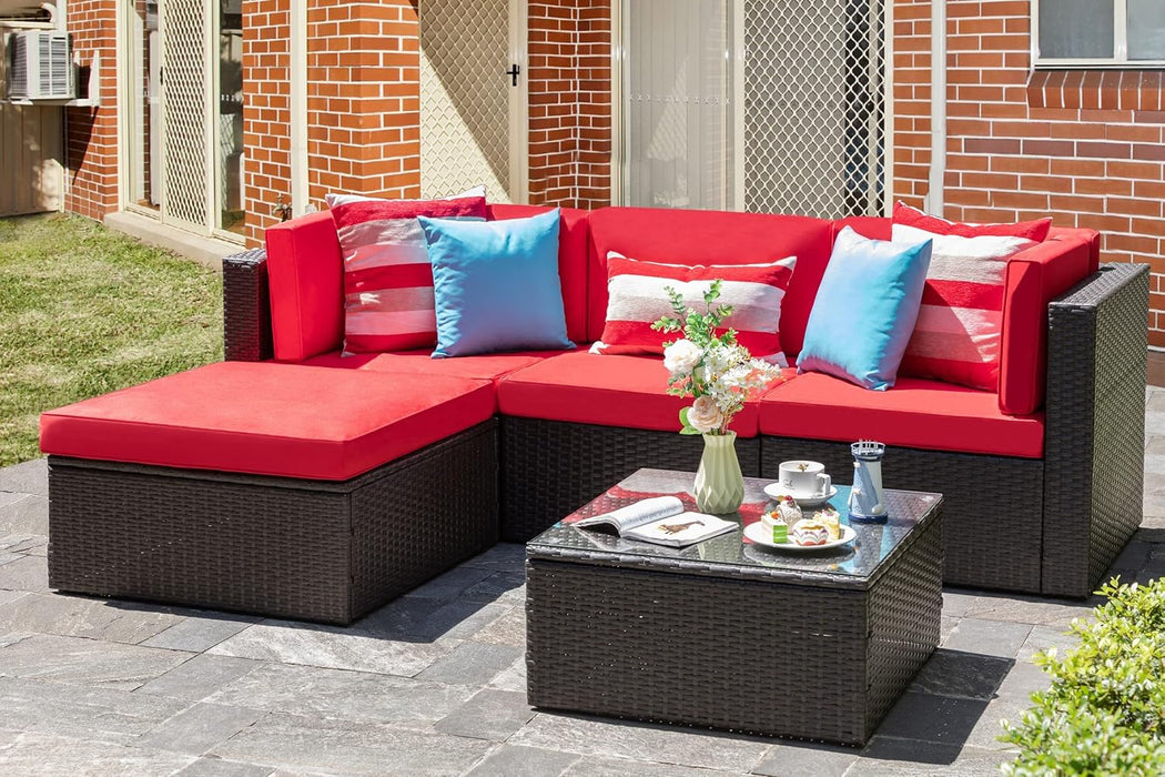 5 Piece Furniture, Small All-Weather Brown PE Wicker Outdoor Couch Sectional Patio Conversation Set Garden Patio Sofa W/Ottoman, Glass Table, Red