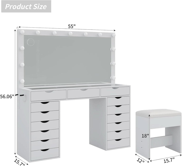 White Vanity Desk With Illuminated Mirror Lighting