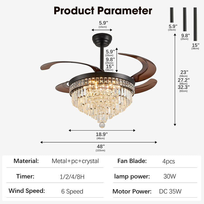 48" Crystal Retractable Ceiling Fan with Light - (Glam, Black)