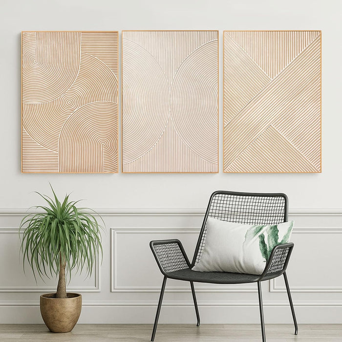 Large Textured 3D Wall Art Neutral Set of 3-24"X36" Hand-Painted Abstract Canvas Framed Paintings Brown for Living Room, Bedroom - Modern Minimalist Neutral Boho Decor