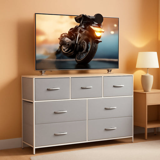 Dresser TV Stand, Entertainment Center with Fabric Drawers, Media Console Table with Metal Frame and Wood Top for TV up to 45 Inch, Chest of Drawers for Bedroom, Living Room, Light Grey