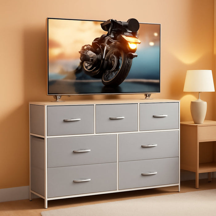 Dresser TV Stand, Entertainment Center with Fabric Drawers, Media Console Table with Metal Frame and Wood Top for TV up to 45 Inch, Chest of Drawers for Bedroom, Living Room, Light Grey