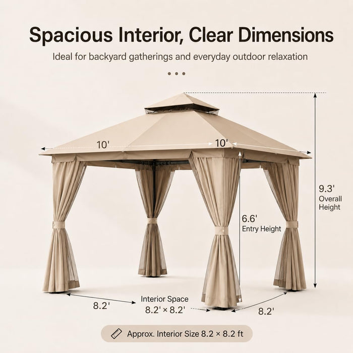 10'X10' Outdoor Gazebo, Heavy Duty Metal Patio Canopy Tent Shelter with Double Roof, Mosquito Netting & Privacy Curtains for Backyard, Garden, Deck, Lawn, Khaki