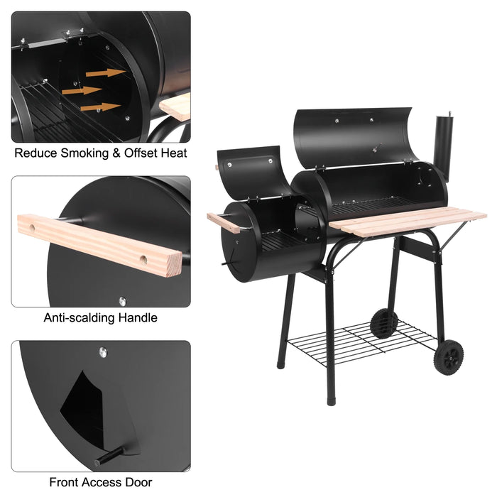 BBQ Charcoal Grill Outdoor Barbecue Pit with Offset Smoker Patio Backyard Black