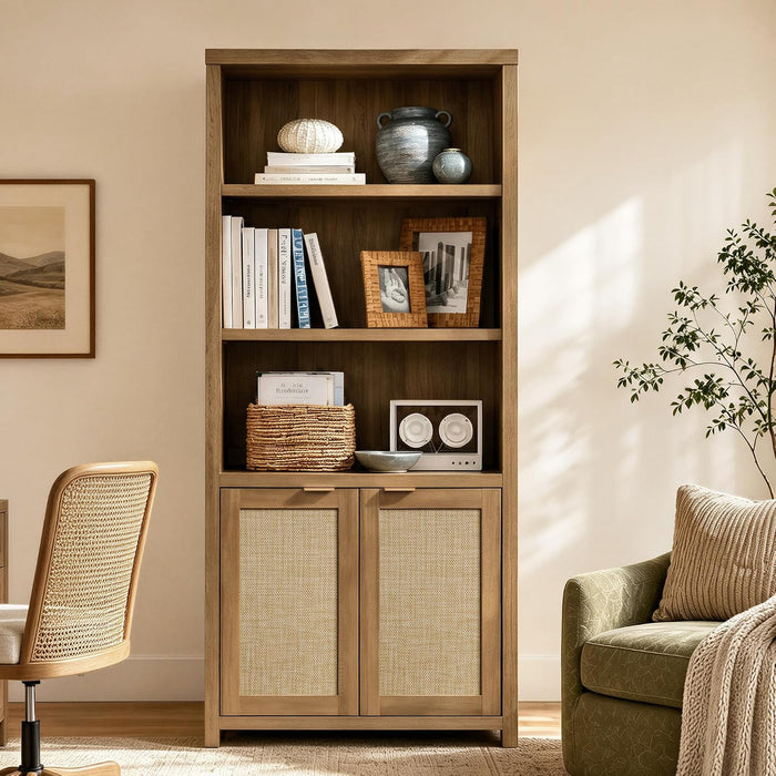 71" Tall Bookcase 5 Tier Rattan Bookshelf with Doors for Library | Farmhouse Storage Book Shelf with Adjustable Shelves Large Book Case Bookshelves for Living Room Home Office Bedroom Kitchen