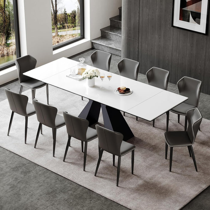 Extendable Dining Table for 8-12 Seat, Flexible Stretch, Tabletop Made from Rock Plate and Tempered Glass, Solid Carbon Steel Base, 35.4" D X 94.5" W X 30" H, White Top