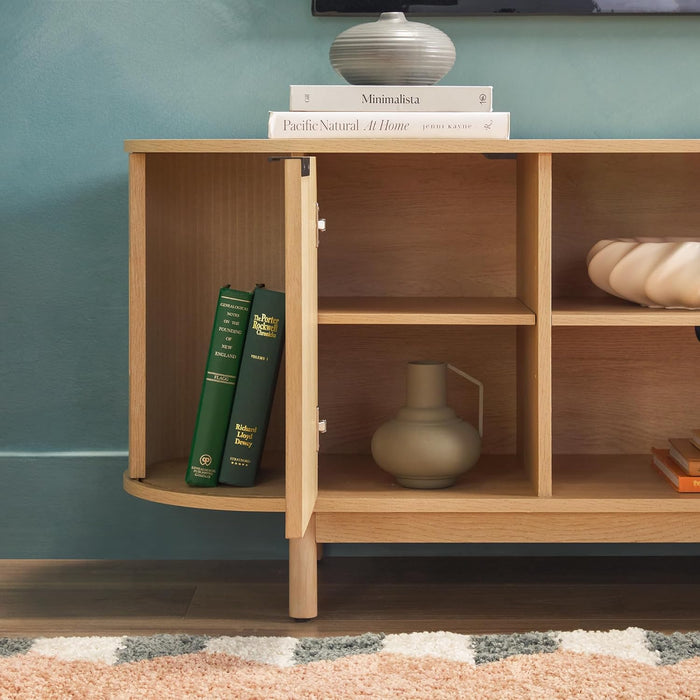 Chloe Curved Reeded TV Stand, Sliding Doors, 65 Inch, 60 Inch, Coastal Oak