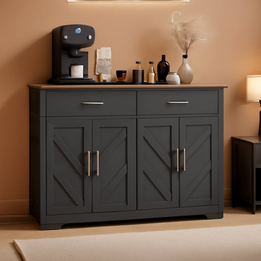 Sideboard Buffet Cabinet with Storage & Shelves, Farmhouse Kitchen Storage Cabinet Wood Coffee Bar Sideboard Cabinet with 4 Doors for Kitchen, Living Room, Entryway, 47" W Black