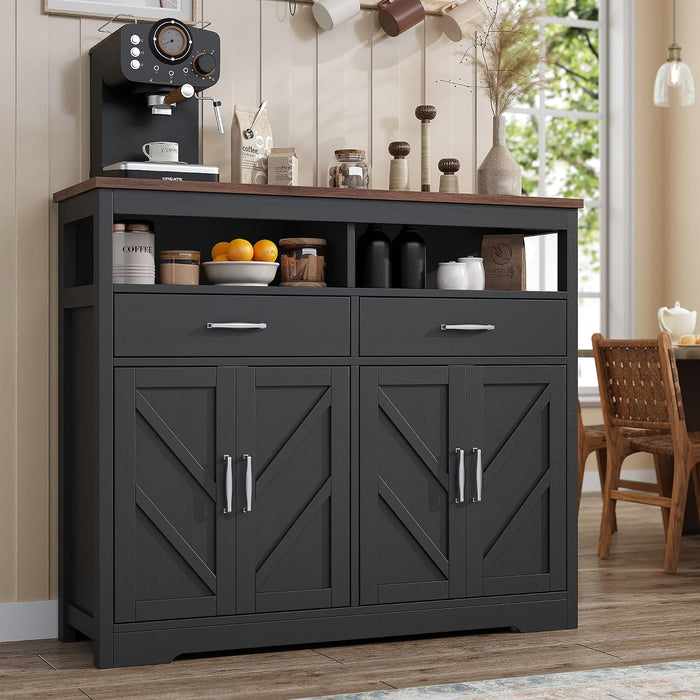 Sideboard Buffet Cabinet with Storage & Shelves, Farmhouse Kitchen Storage Cabinet Wood Coffee Bar Sideboard Cabinet with 4 Doors for Kitchen, Living Room, Entryway, 47" W Black