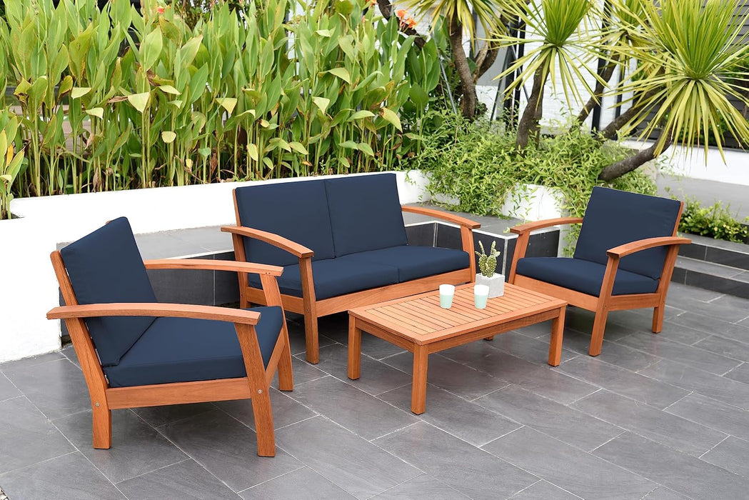 Prescott Patio 4 Piece Conversation Set | Durable Eucalyptus with Natural Finish, Blue