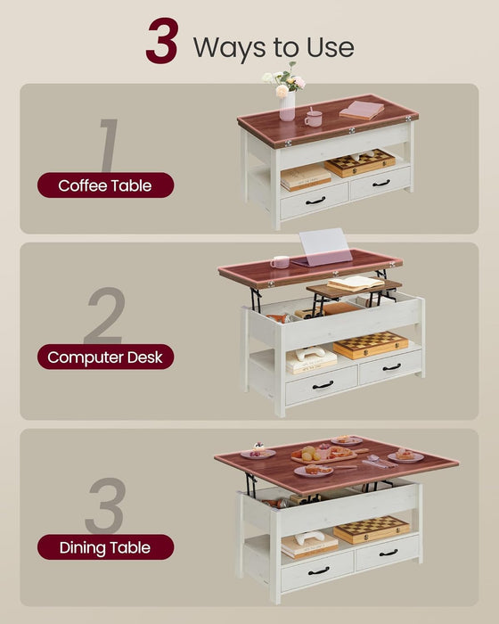 Coffee Table Lift Top, 3 in 1 Center Table with Storage, Gas Spring, 2 Drawers and 3 Hidden Compartments, Open Shelf, for Living Room, Home Office, Honey Brown and Rustic White ULCT254W01