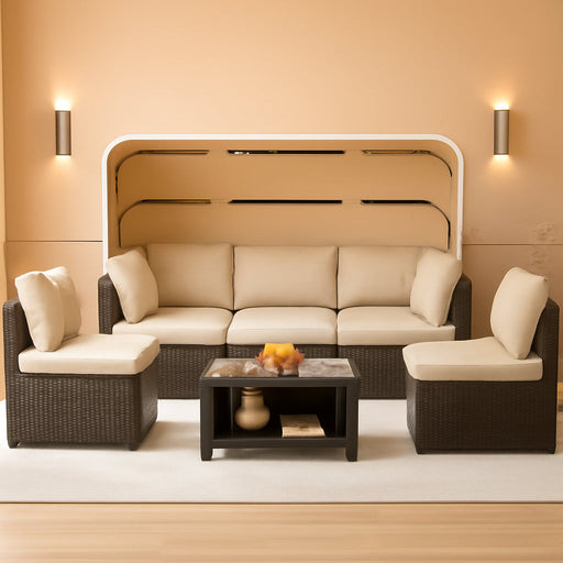 Outdoor Daybed with Canopy,6 Pieces Patio Furniture Sets Adjustable Backrest PE Gradient Wicker Sectional Furniture Set with Tempered Glass Side Table
