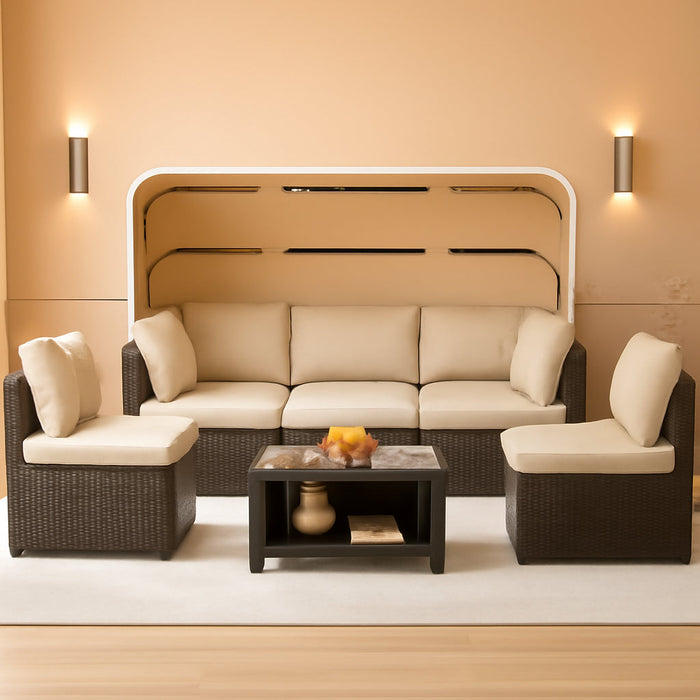 Outdoor Daybed with Canopy,6 Pieces Patio Furniture Sets Adjustable Backrest PE Gradient Wicker Sectional Furniture Set with Tempered Glass Side Table