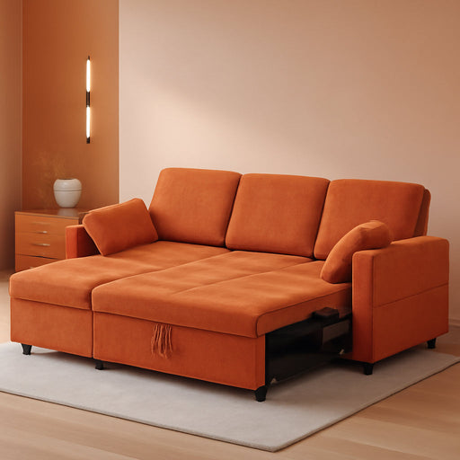 84Inches BrightOrange Chenille Pullout Sofa Bed USBPort