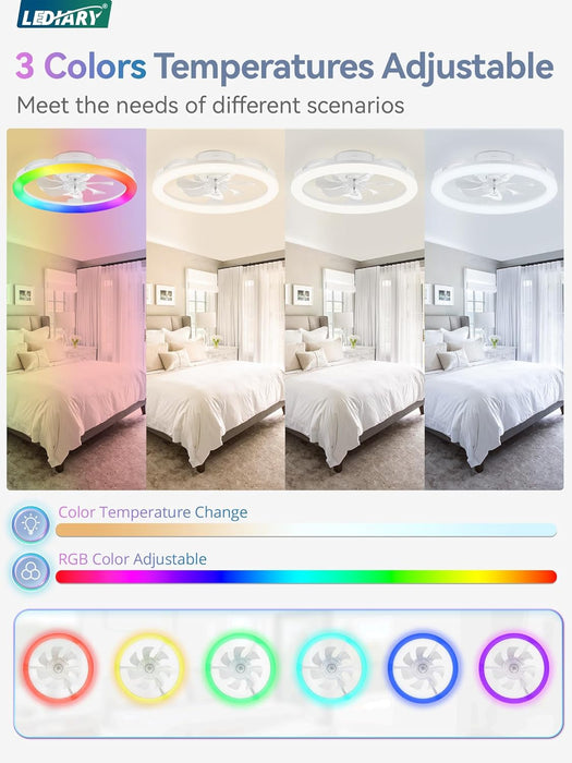 RGB Low Profile Ceiling Fans with Lights and Remote, 20 Inch Dimmable Modern Ceiling Fan(3000K-6000K), 6 Speed, Reversible, APP & Remote Control, Flush Mount Fan Light, White RGB Ceiling Fans
