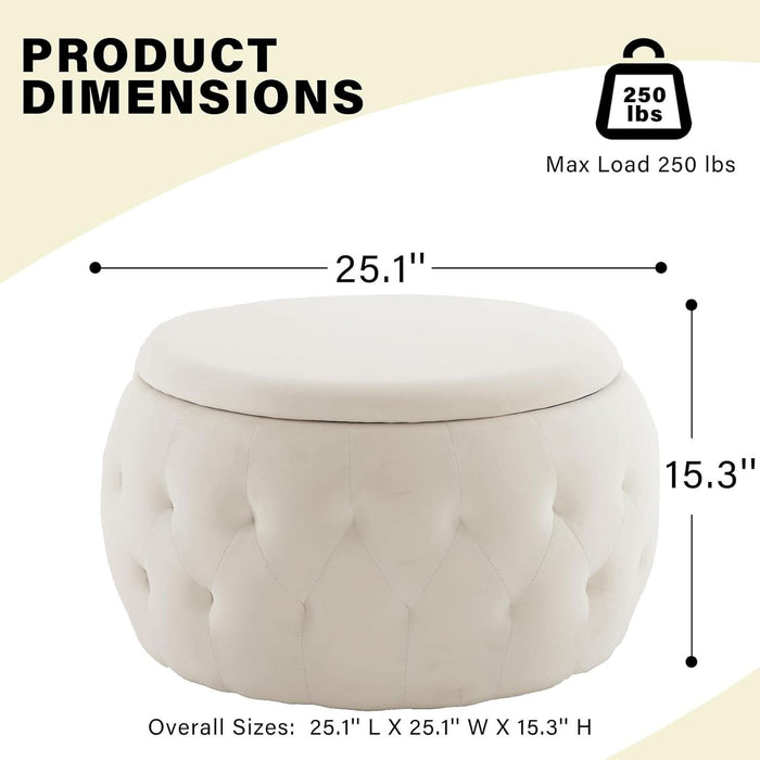 25 Inches Large round Storage Ottoman, Modern Upholstered Ottoman Coffee Table, Soft Velvet Surface, for Living Room, Bedroom, Classic Tufting, Cream