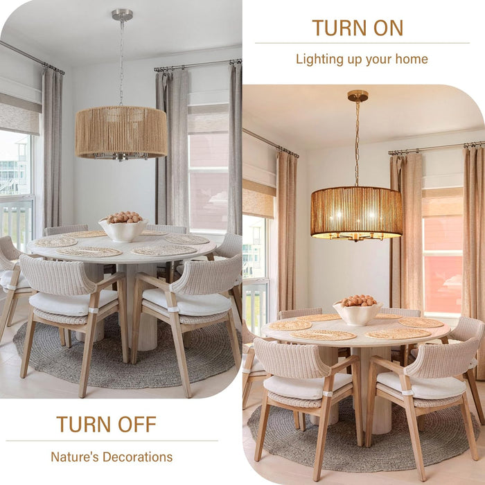 Rattan Chandelier Brushed Nickel Five Light Pendant