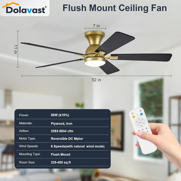 Ceiling Fans with Lights and Remote, 52 Inch Ceiling Fan with Light, Low Profile Reversible Gold Fandelier Ceiling Fan, Dimmable LED, Flush Mount, Quiet DC Motor, for Bedroom Kitchen