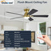 Ceiling Fans with Lights and Remote, 52 Inch Ceiling Fan with Light, Low Profile Reversible Gold Fandelier Ceiling Fan, Dimmable LED, Flush Mount, Quiet DC Motor, for Bedroom Kitchen