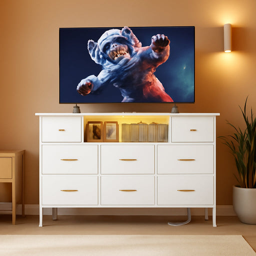 Dresser for Bedroom with Power Outlets and LED Lights, White 55" TV Stand with 8 Drawers, Fabric Chest of Drawers with PU Finish for Living Room, Entryway