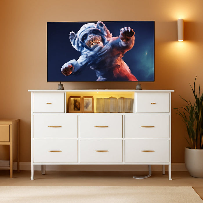 Dresser for Bedroom with Power Outlets and LED Lights, White 55" TV Stand with 8 Drawers, Fabric Chest of Drawers with PU Finish for Living Room, Entryway