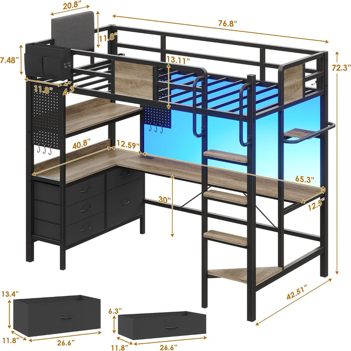 Twin Loft Bed with Desk and 5 Storage Drawers,Loft Bed Twin Size with LED Lights and Charging Station, Metal Bunk Bed Frame with Ladder, Clothes Rail,Noise Free,Oak Gray