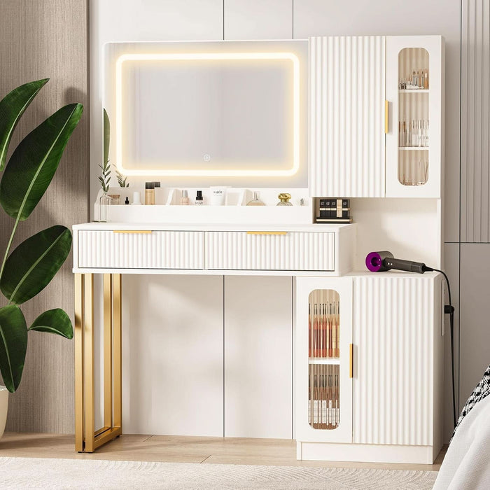 45" Modern Makeup Vanity Desk with Mirror and Lights, Makeup Vanity with 5 Shelves& 2 Drawers and Cabinet, Vanity Table with Power Outlet, 3 Color Adjustable Lighting Dressing Table Set for Bedroom