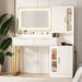 45" Modern Makeup Vanity Desk with Mirror and Lights, Makeup Vanity with 5 Shelves& 2 Drawers and Cabinet, Vanity Table with Power Outlet, 3 Color Adjustable Lighting Dressing Table Set for Bedroom
