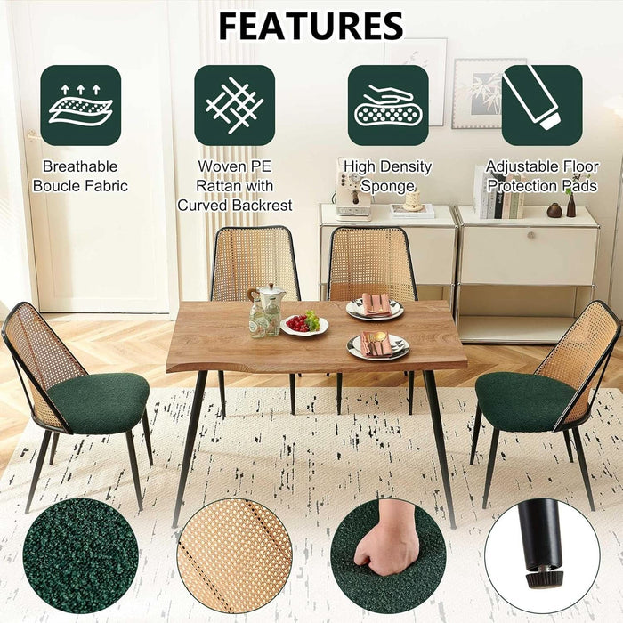 Modern Kitchen Dining Table Set for 4, 5 Pieces Wooden Breakfast Dining Table Set with 4 Upholsetered Boucle Dining Chairs Rattan Backrest,Metal Legs for Dining Room,Living Room