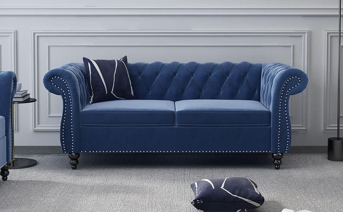2 Piece Living Room Set, Velvet Chesterfield Sofa Loveseat Couch Chair with Scroll Arms and Nailhead for Living Room, Office (Blue)